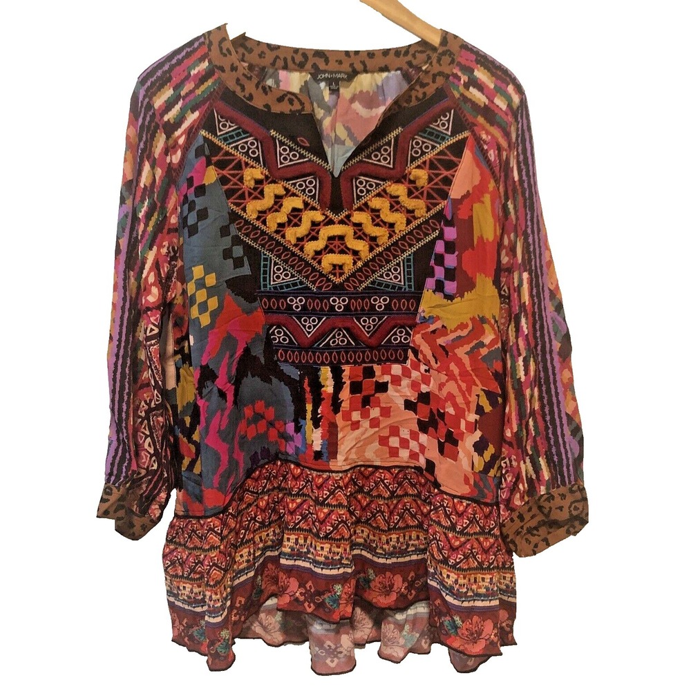 John Mark Multi Floral Boho Sz L Embroidered V-Neck Blouson Tunic Top NWT